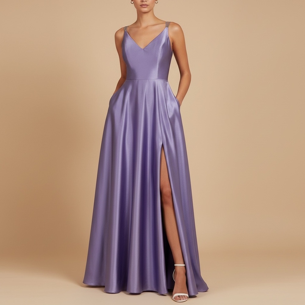 B Darlin Purple Satin Prom Dress A Line Slit Formal Size 5/6 Evening Gown